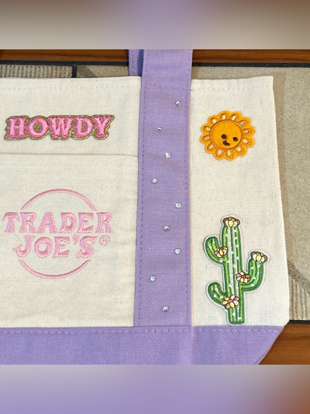 Upcycled Trader Joe's Lavender Trim Canvas Tote - 'Howdy' Patch Design - Picture 3 of 5